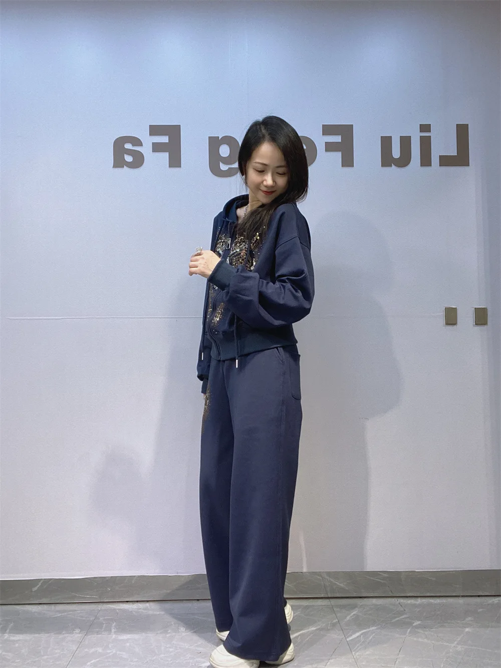 여성용 패션 후드 지퍼 스웨트셔츠 세트, 쿨 후디, 스트레이트 레그 팬츠, 헤비 인더스트리 라인스톤 디자인 스포츠 세트