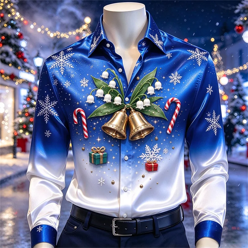 New men's shirt brown gold rice white Christmas wreath snowflake pine branches gold bell red bow printed shirt