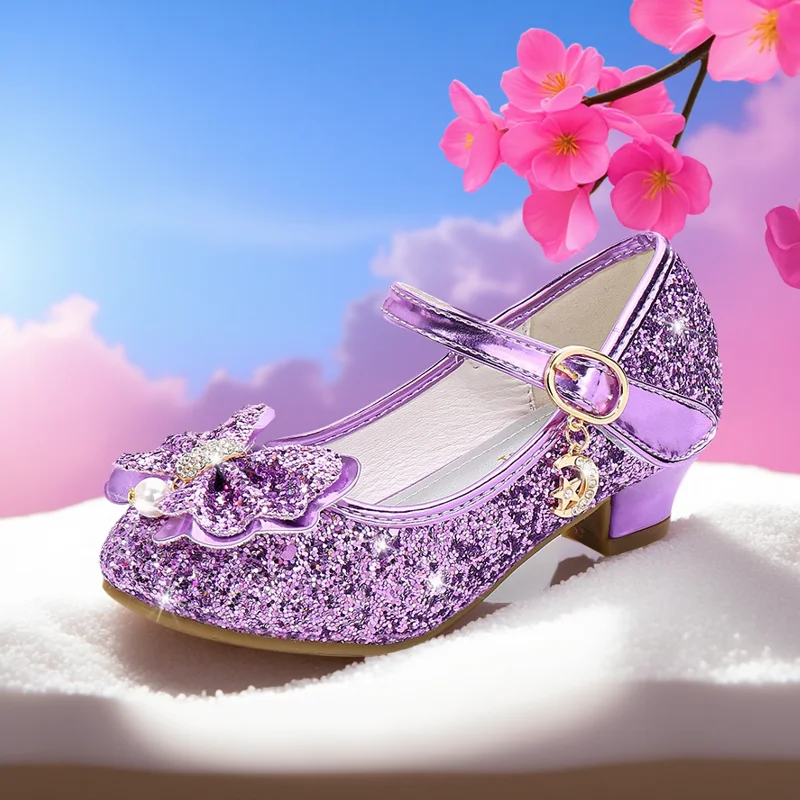 Sepatu kulit hak tinggi anak-anak Princess sepatu untuk anak perempuan bunga kasual Glitter sepatu anak perempuan hak tinggi simpul kupu-kupu biru merah muda