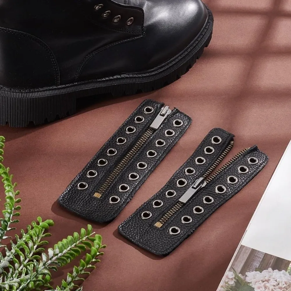 Black Leather Lace-in Boot Zipper Inserts Metal Eyelets Adjustable Zipper Boot Laces Shoe Accessory 8 Holes No Tie Shoe Laces