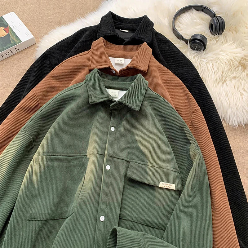 

Мужская вельветовая куртка свободного кроя с длинными рукавами в японском ретро-стиле, весна-осень, модная, брендовая, с множеством карманов, утилитарная