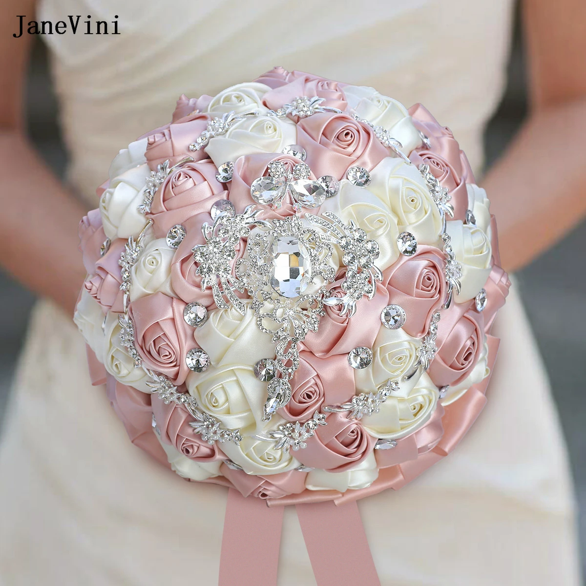 

JaneVini Light Pink Ivory Satin Roses Bridal Bouquets Flowers with Silver Crystals Brooch Bouquet for Bride Wedding Accessories