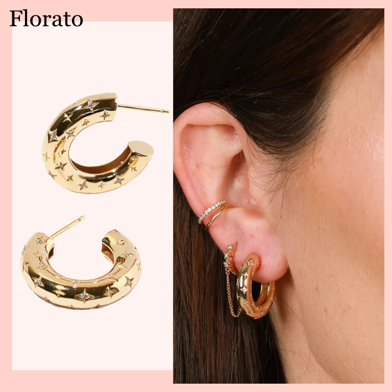 Florato women's 925 sterling silver earrings C-shaped earrings finely engraved stars zircon craft punk earrings fashion Jewelry