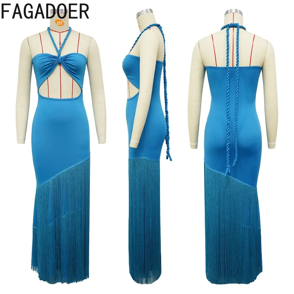 Fagadoer sexy borla oco-para fora retalhos bodycon vestidos longos feminino halter sem costas vestido feminino streetwear vestidos 2025 novo