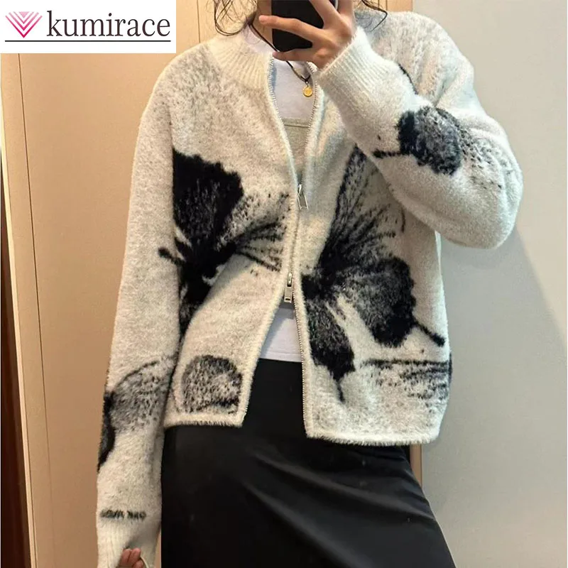 

Retro Furry Jacquard Butterfly Sweater with Female Design Sense, Niche Autumn and Winter Double Zipper Knitted Cardigan Jacket