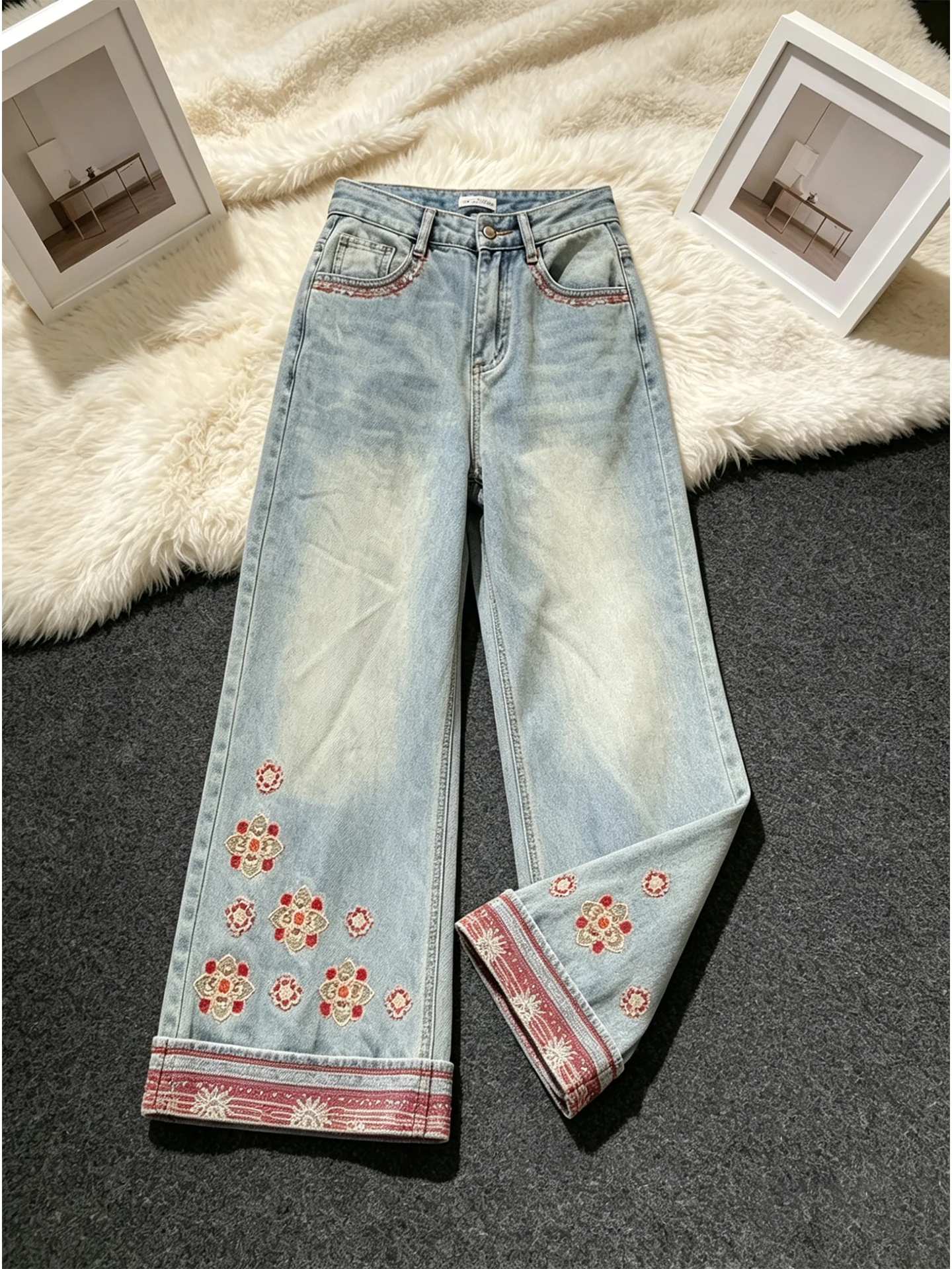 

Summer High Waist Straight Leg Wide Leg Jeans Women's Fashionable Versatile Embroidered Cuffed Denim Pants Ladylike Style