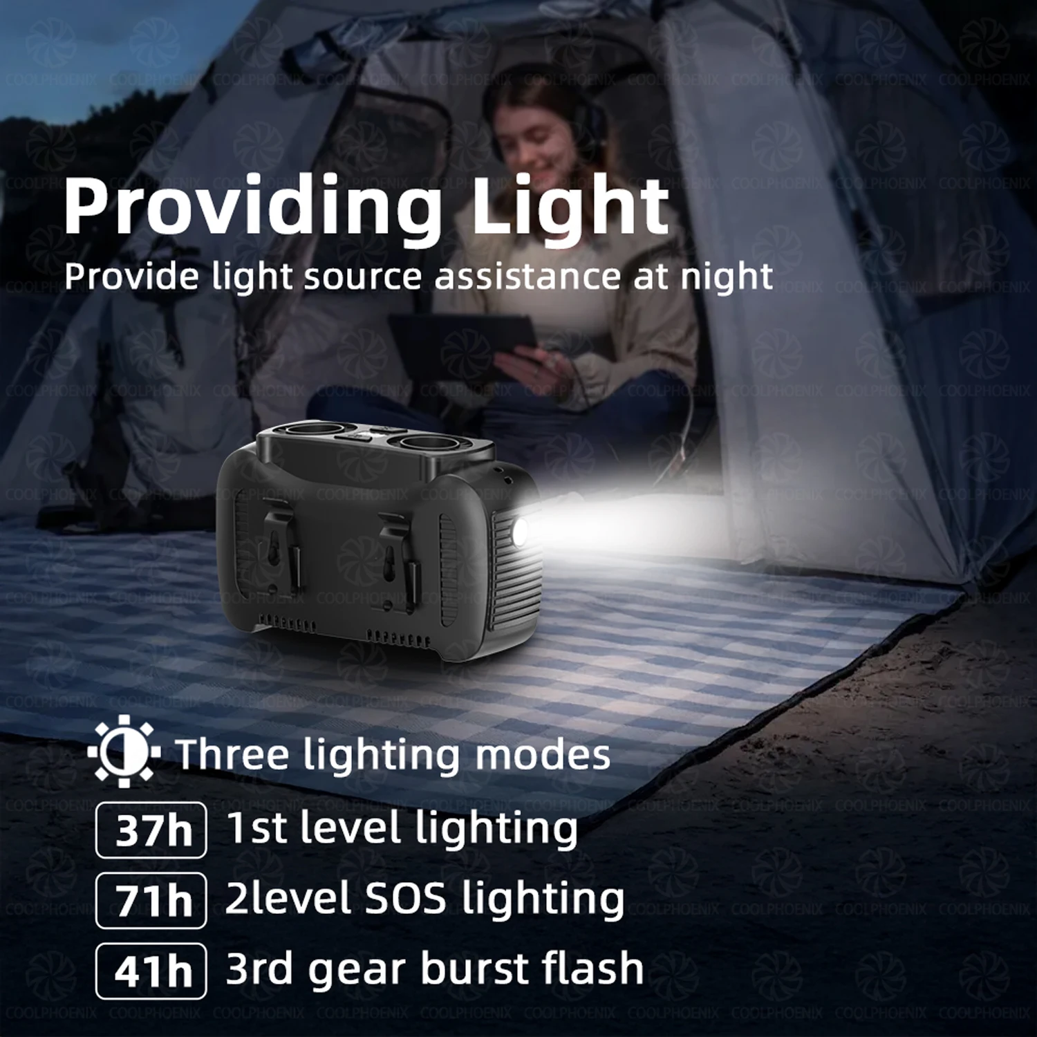 مروحة خصر محمولة خارجية بقدرة 15000 مللي أمبير في الساعة، مروحة رقبة معلقة، رياح قوية مع بنك طاقة، إضاءة LED للعمل في الهواء الطلق