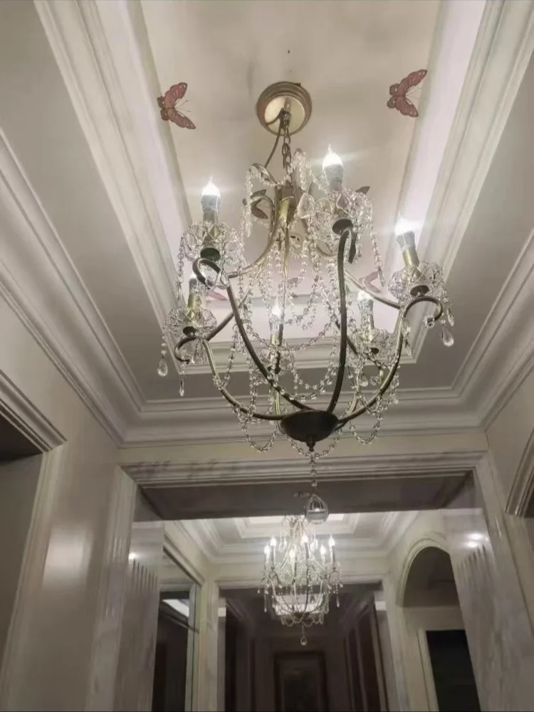 Antique Silver Crystal Chandelier American Farmhouse chandeliers Duplex villa  Rotating Staircase Hanging lamp LED Cristal Light