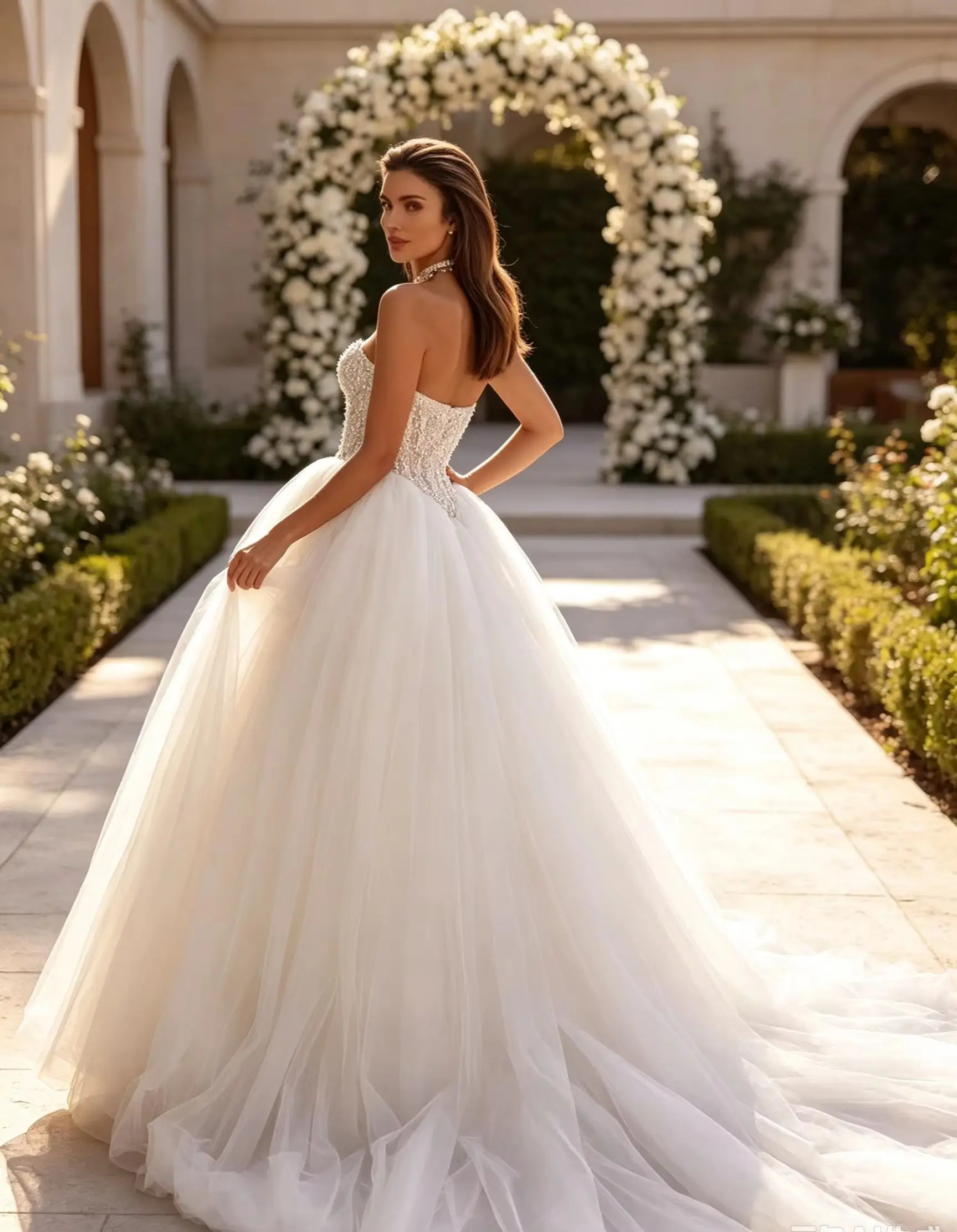 Customized Sparkle Sleeveless Sweetheart Neck Open Back Ball Gown Sweep Train Wedding Dresses Beading Draped Fold Bridal Gowns