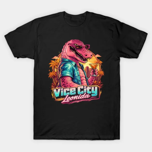 2026 New Vice City Oversized Unisex Streetwear TShirt Retro Neon Pink Crocodile Sunglasses Cocktail Palm Tree Graphic Casual Tee