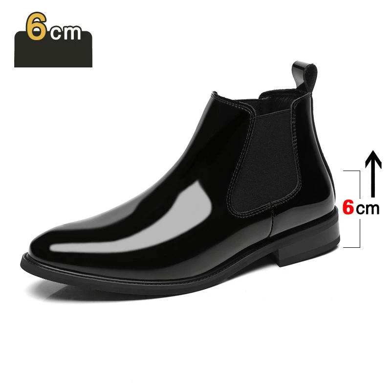 Men Chelsea Boots Quality Patent Leather Ankle Boots 6CM Height Increasing Leather Boot Classic Slip on Short Boots Winter Boot
