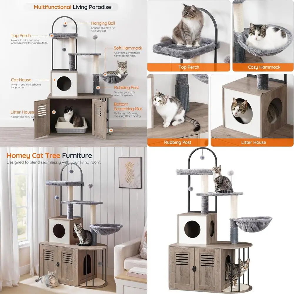 

Универсальная кошачья башня 31,5 HOOBRO со скрытым туалетом, сизалевыми стойками, гамаком и серыми тонами