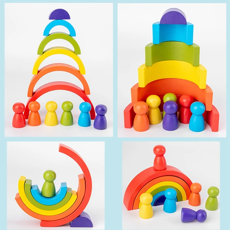 Wooden Rainbow Stacking Game Learning Toy Geometry Building Blocks For Children Color Shape Matching Kid Educational