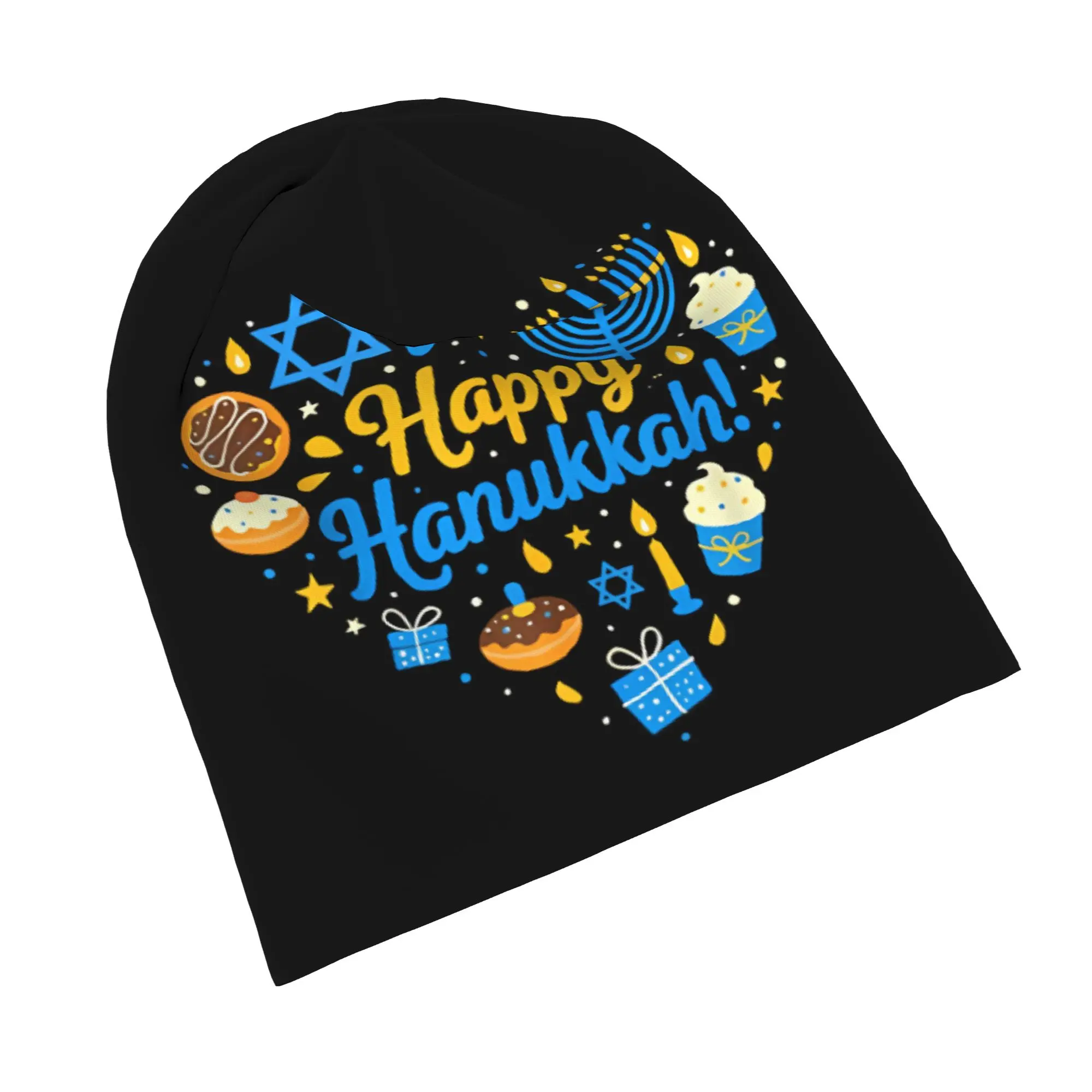 Happy Hanukkah Bonnet Hat Autumn Winter Street Skullies Beanies Hats Menorah Candle for Men Women Summer Dual-use Caps