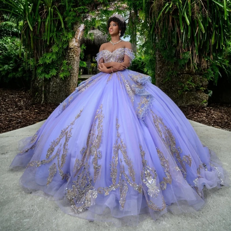 

Lavender Shiny Ball Gown Quinceanera Dresses Applique Lace Beading Crystal Tiered Tull Corset Off The Shoulder Sweet 16 dress