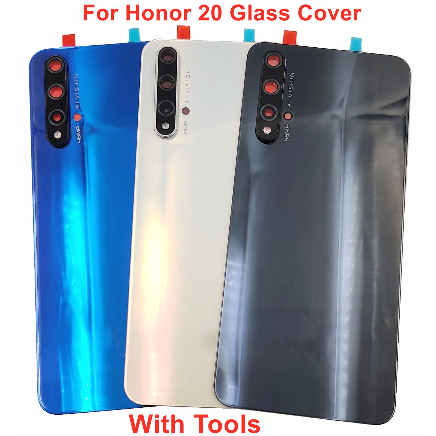 A+++ Glass Back Lid For Huawei Honor 20 Hard Battery Cover Rear Door Housing Panel Shell Case With Camera Lens Adhesive Glue
