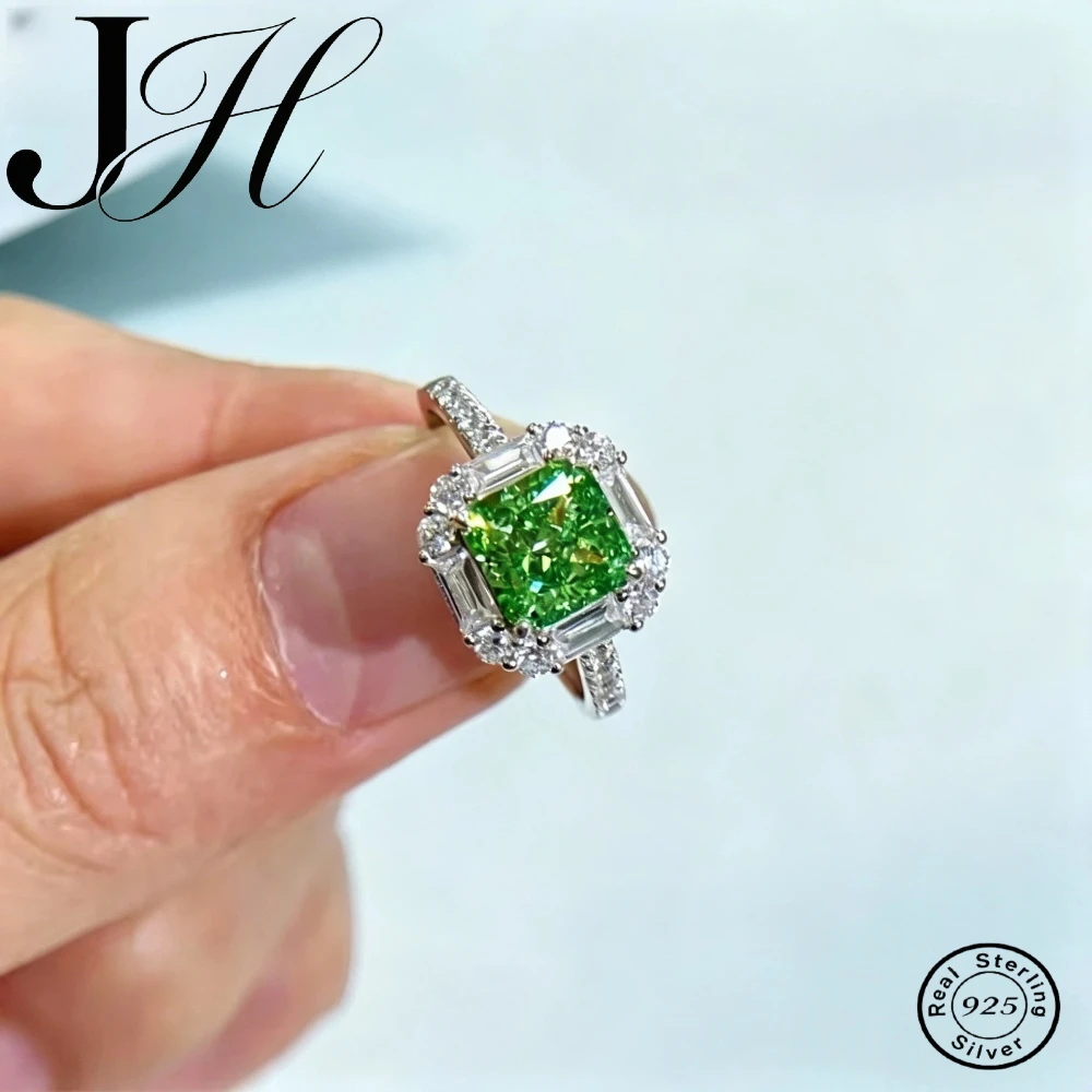 JH 925 Sterling Silver Plated 18K Gold Natural Stone Ring For Women Versailles Green Flower Cut Simulated Diamond Wedding Ring