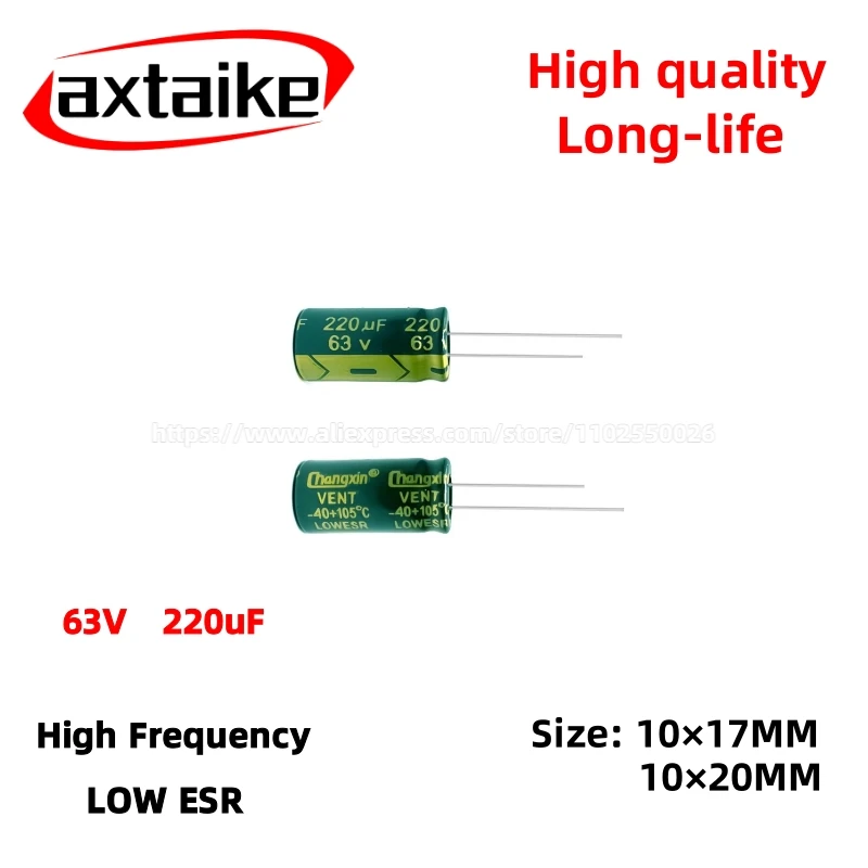 

20PCS 63V220uF Aluminum Capacitor, High Frequency Low ESR 105°C Radial for Power Supply Long-life 10×17MM 10×20MM