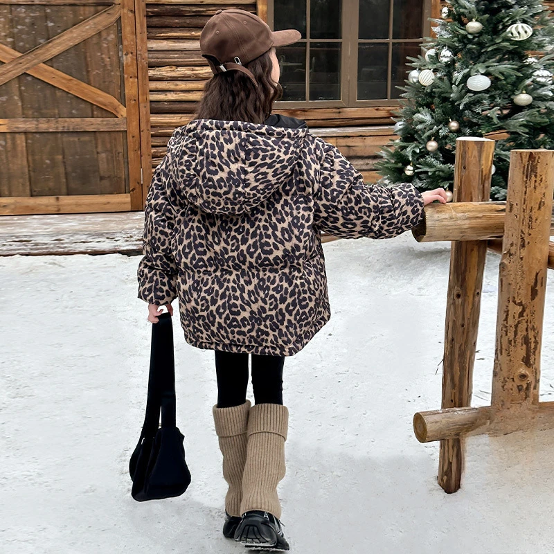 Girls Coat 2024 Winter New Childrens Clothes Girl Baby Foreign Style Loose Personality Leopard Print Cotton Clothes Casual