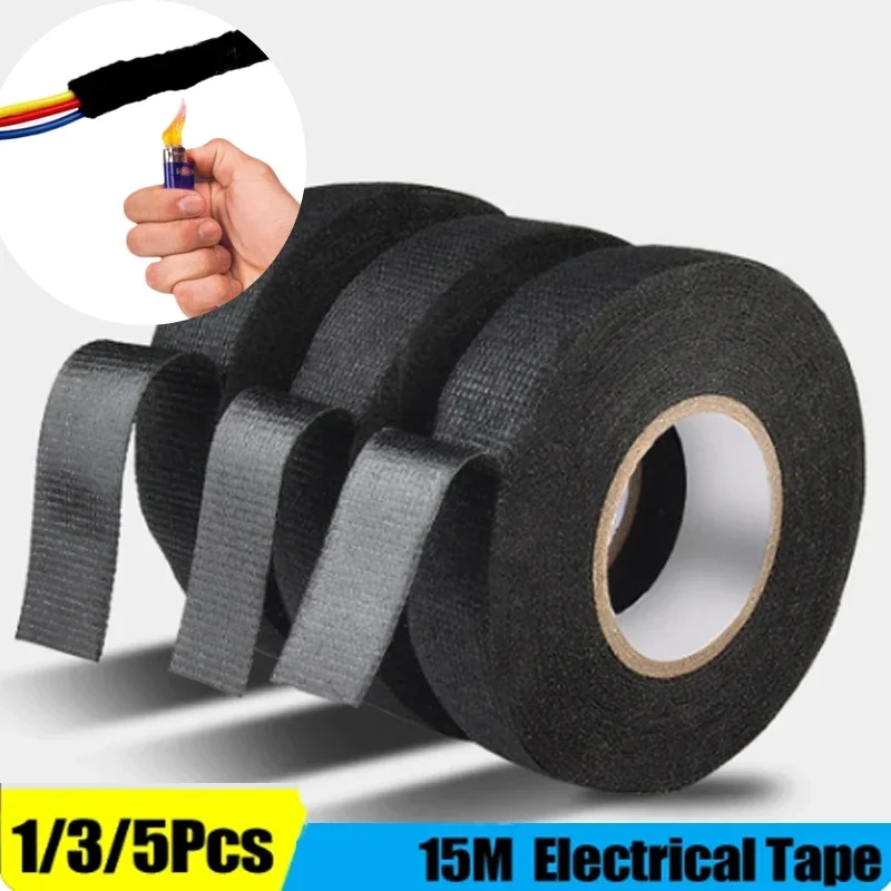15M 1/2/5Rolls Electrical Tape Heat Resistant Harness Household Insulated Wire Tape Waterproof for Automotive Fabric Cloth Tape