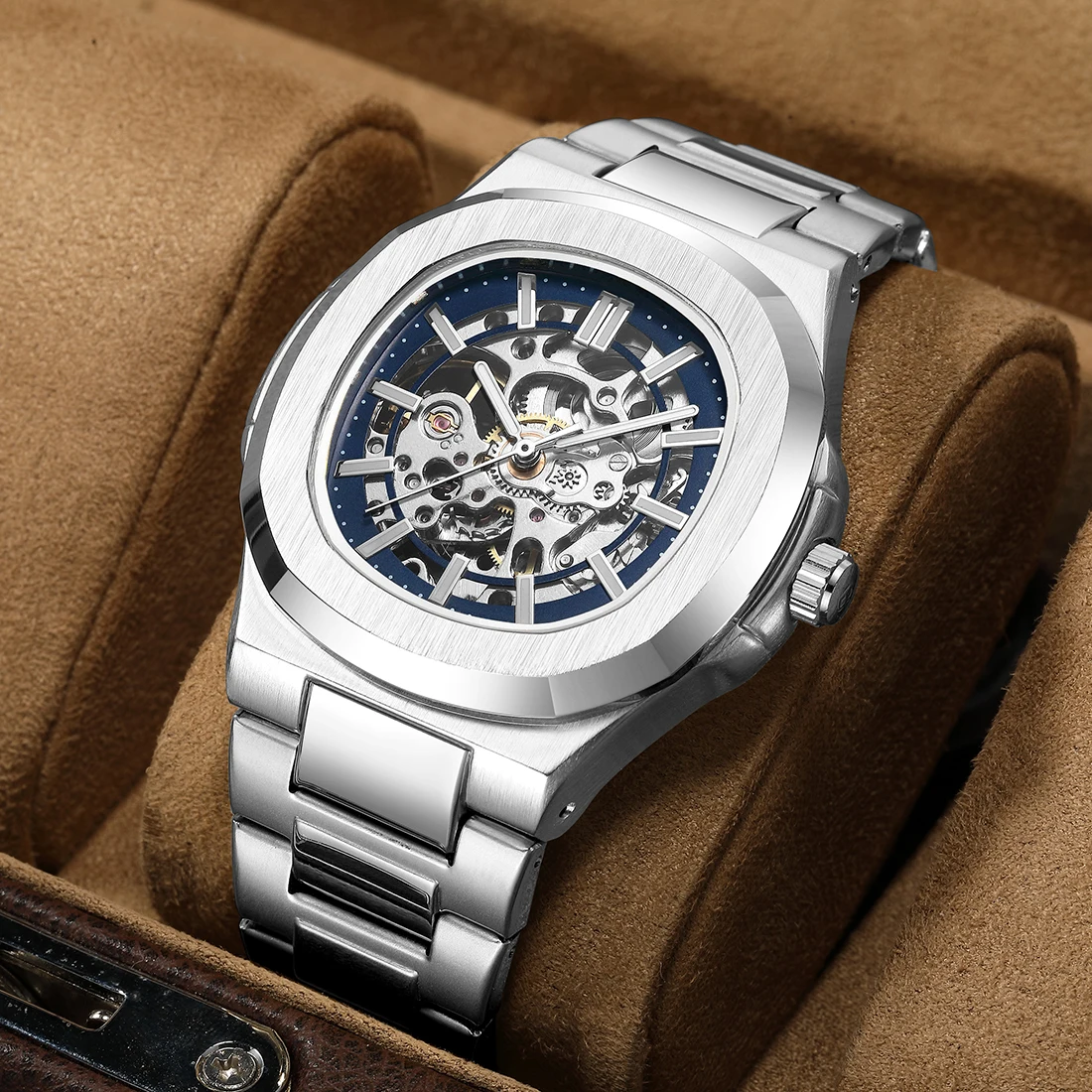 Skeleton Hollow Men Automatic Mechanical Watch Steampunk Sliver Stainless Steel Waterproof Wrist Watches Male Mechanism Clock