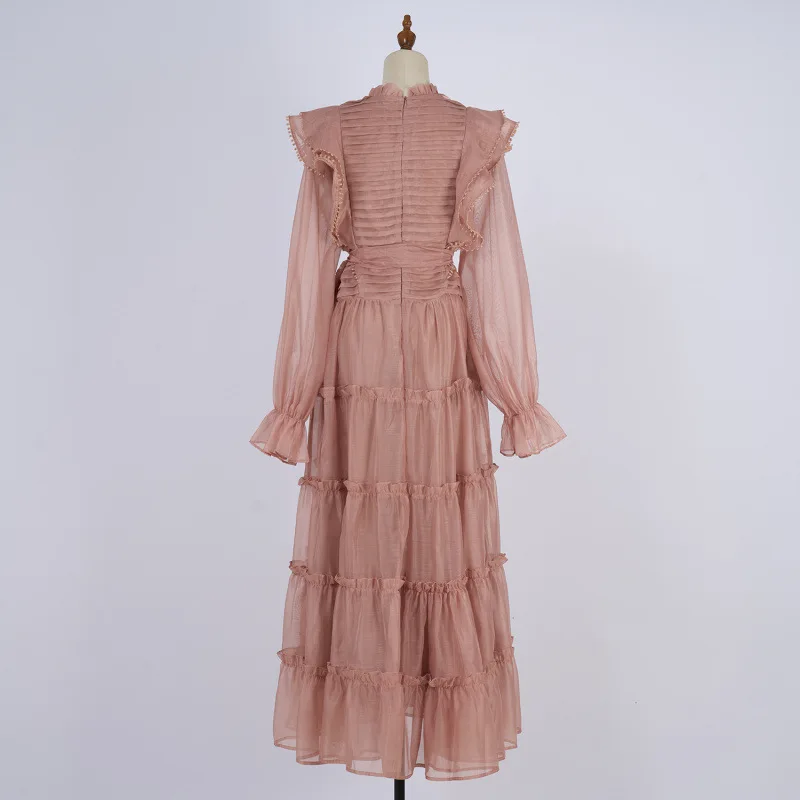 Vestido longo com saia rodada, gola de renda, bainha em camadas, estilo e de bolo, 6 cores, aosfera de conto de fada...