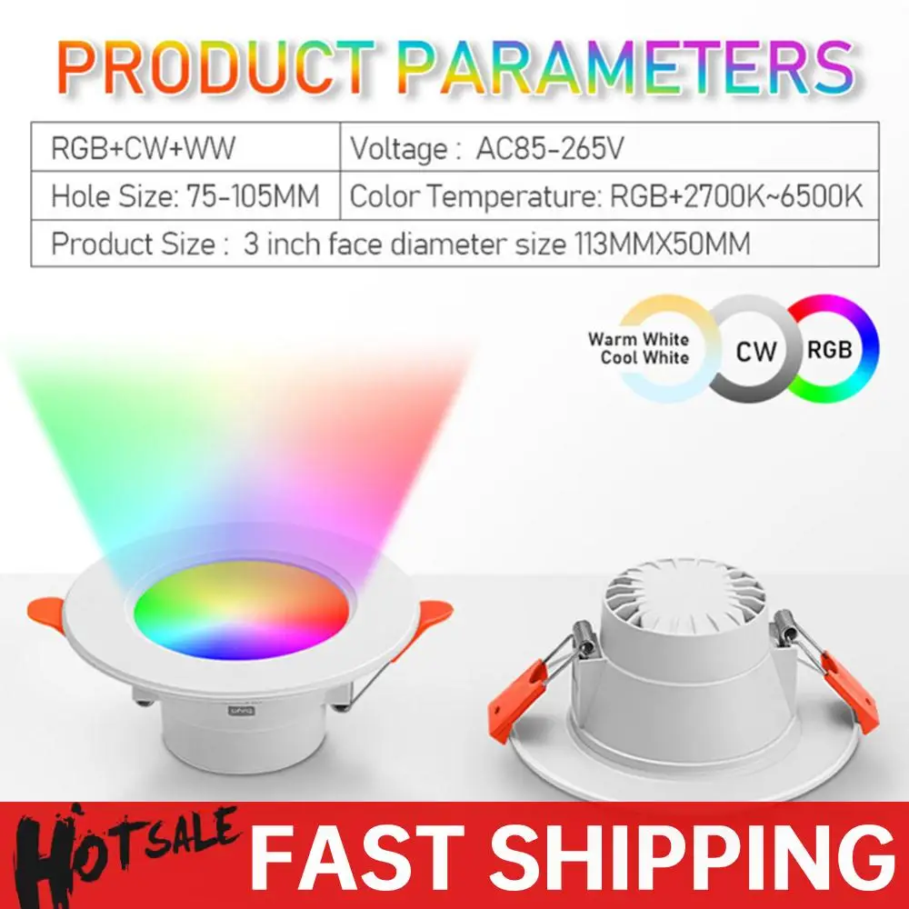

Умный прожектор RGB 10 Вт, Bluetooth-совместимый встраиваемый потолочный светильник с регулируемой яркостью, встраиваемый светильник 2700–6500 К для домашнего освещения