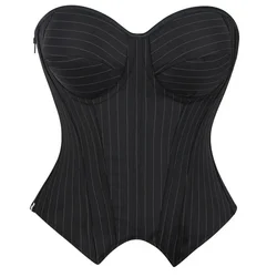 Women Overbust Corset With Bras Cup Black Striped Lace-Up Plastic Boned Corsets And Bustiers Top Zipper Sexy Corselet Korsett