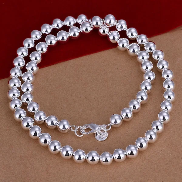 925 Silver color exquisite noble luxury gorgeous charm fashion 8MM chain women lady beads necklace 20 inches Silver jewelry N111