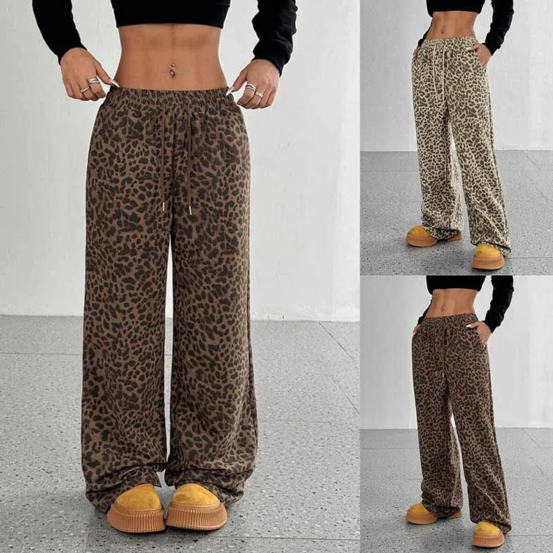 Y2K Leopard Print Wide Leg Pants Female Autumn Winter Elastic Drawstring Waist Loose Baggy Trousers with Pockets Casual Pants