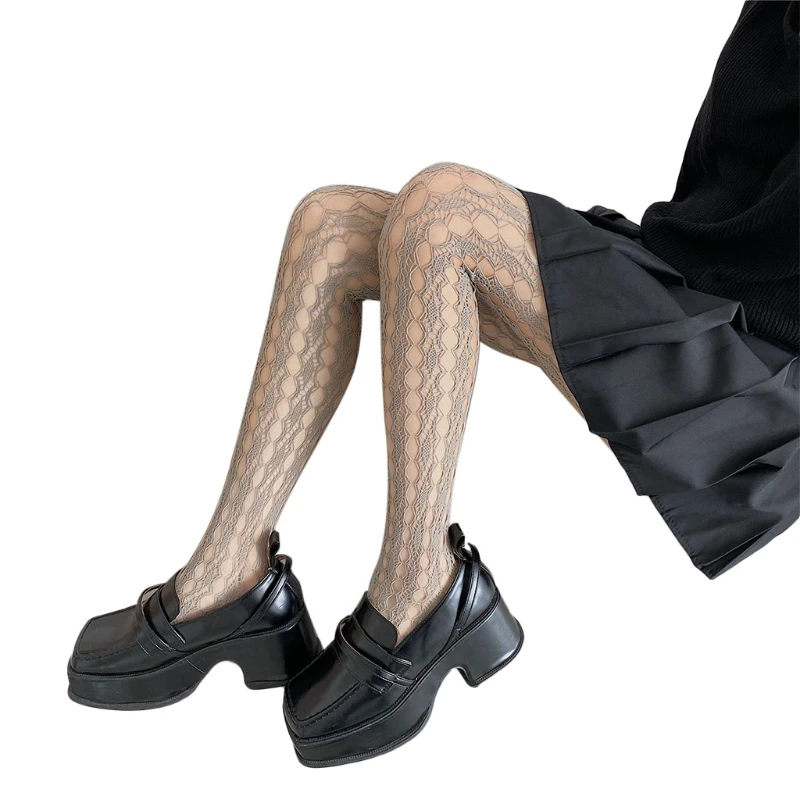 

Women Gothic Punk Fishnet Lace Pantyhose Harajuku Hollow Out Hole Textured Patterned Sheer Tights Mesh Stockings