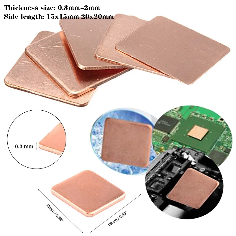 5 Pcs Koper Heatsink, Dikte Heatsink Thermische Pad Voor Laptop, Chip Koeler, 0.3/0.5/0.8/1.0/1.2/1.5/2Mm X 15x1 5/20x20mm.