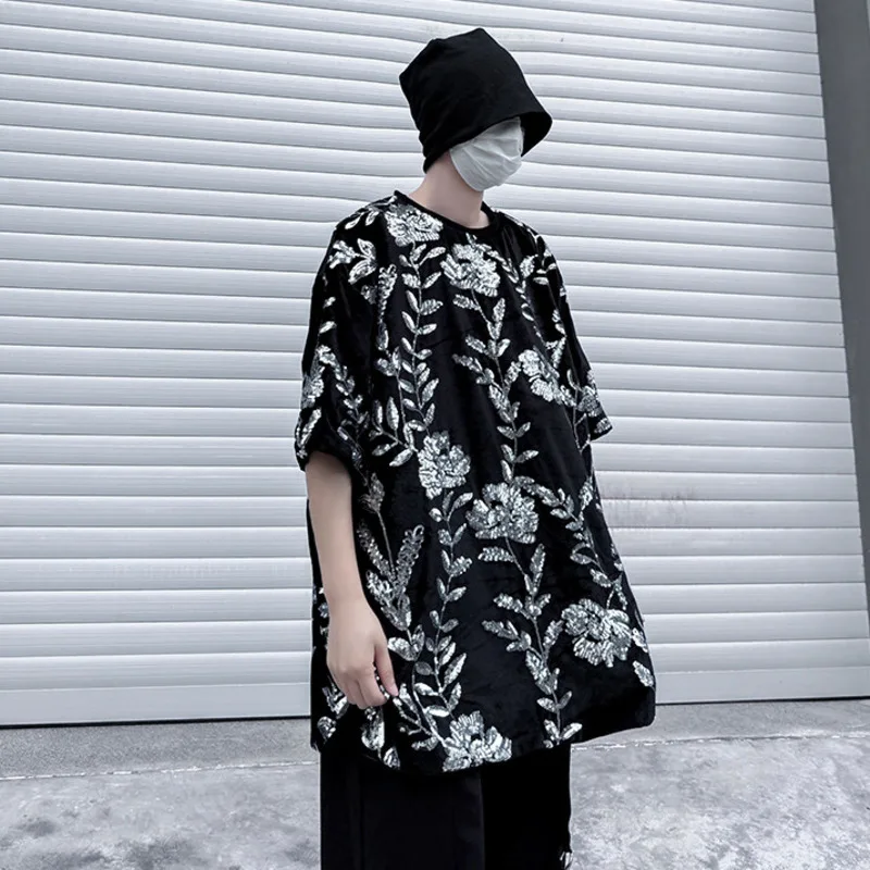 LUZHEN 2026 Summer Floral Pattern Sequined Velvet Short-sleeve T-shirts Men's Fashion Loose Street Handsome Casual Tops JY7818