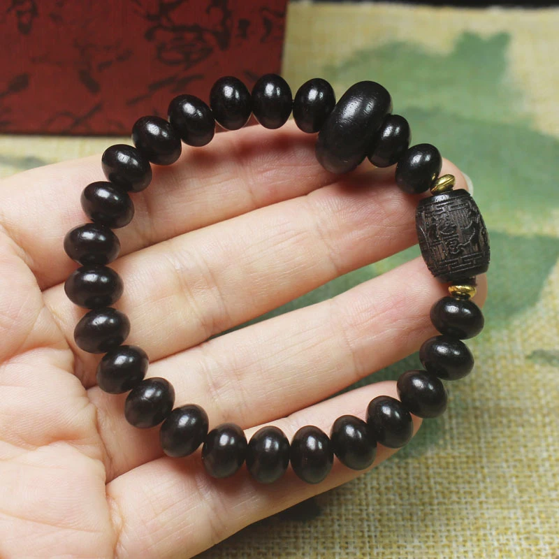 

Ebony abacus 7*9 bracelet with 'Fu' character barrel beads, hand jewelry, unisex cultural accessory, ethnic style Buddhist