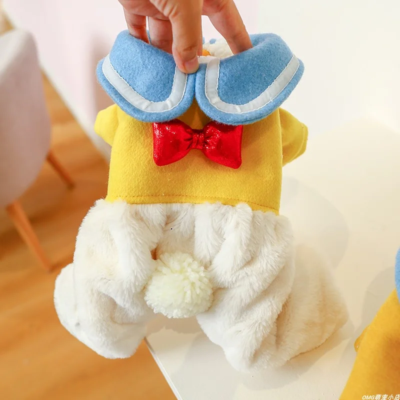 1PC Pet Clothing Winter Snowy Yellow Duck Plush Thickened Warm Four legged Cotton Coat Suitable for Small and Medium sized Dogs