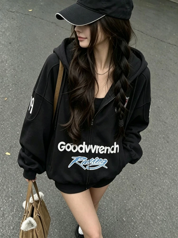 Retro American Heavyweight Printed Hoodie Women's Loose Slimming Design Sleeve Badge Wide Version Outerwear Autumn New Style