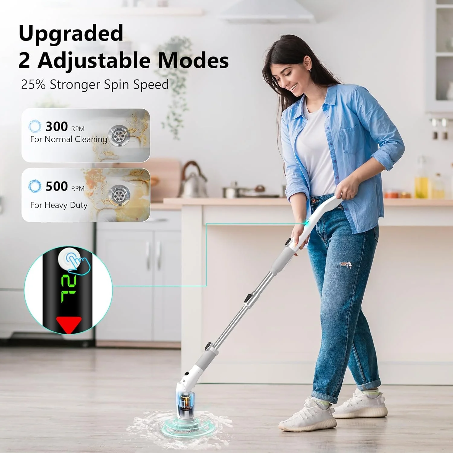 Electric Spin Scrubber, 500 RPM Cordless Cleaning Brush with 8 Replaceable Shower Brush Heads, Adjustable Extension Arm, 2.5H Long Usage Power Shower Scrubber for Bathroom Floor Tile Bathtub