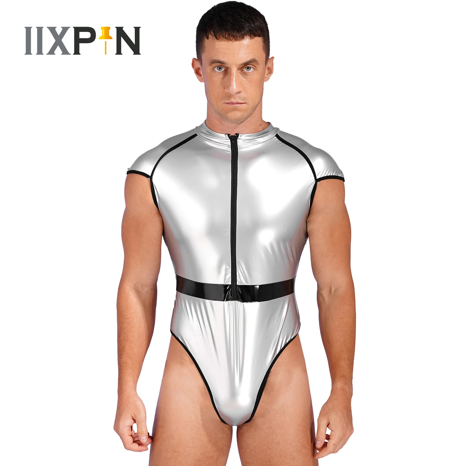 Mens Sexy Astronaut Costume Space Cadet Role Play Outfits Zipper Front Bodysuit Leotard Catsuit Festival Party Clubwear