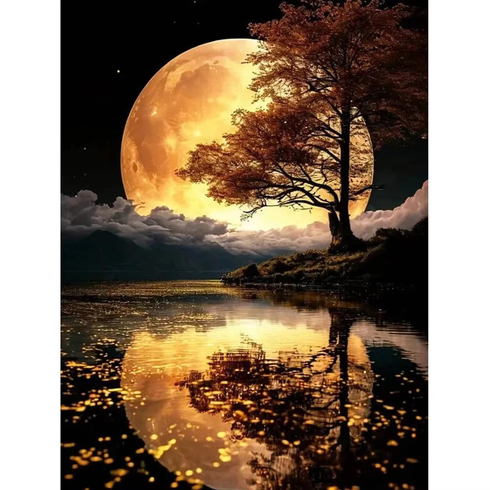 Vollrunde Diamant-Malerei Fluss-Mond Diamant-Mosaik Landschaftskunst Dekorative Gemälde