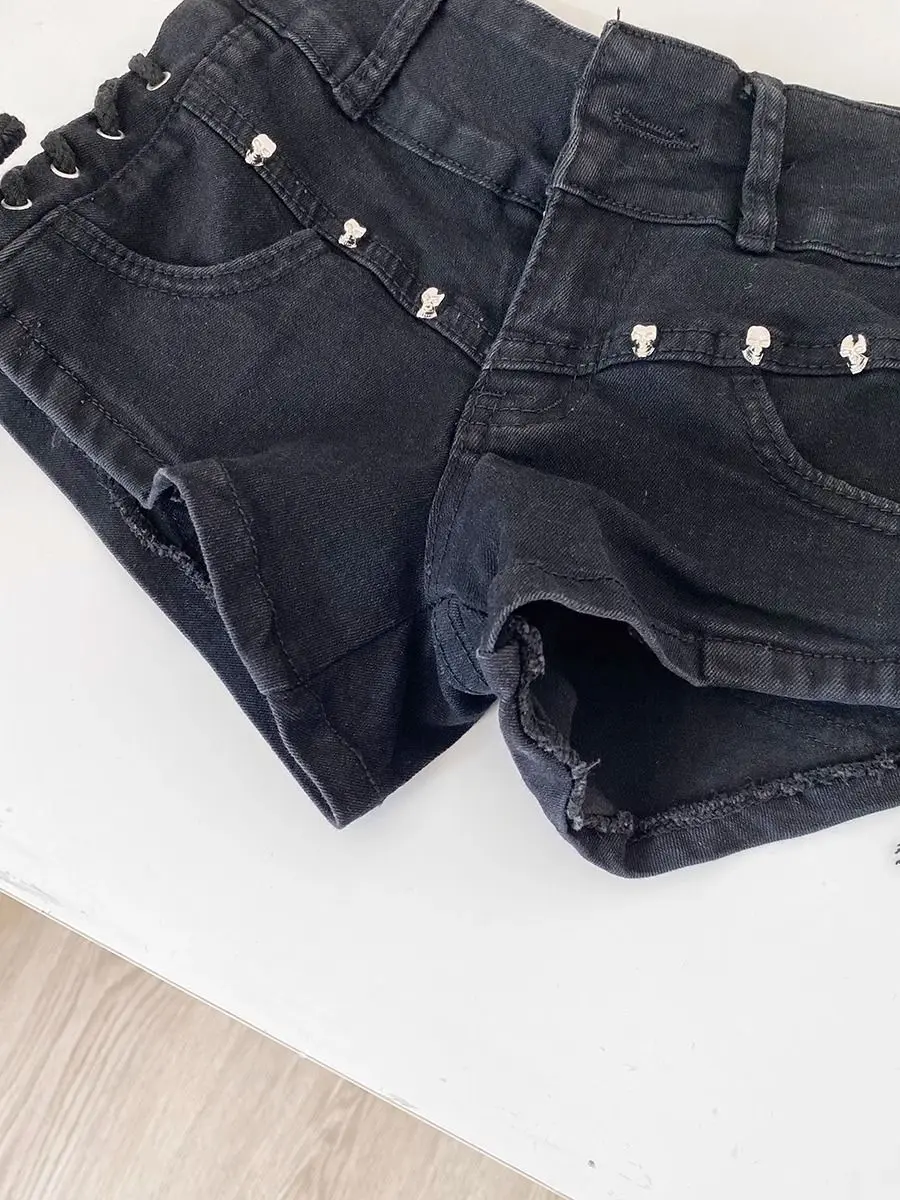 Cross Lace-up Low-rise Slim Black Denim Shorts for Women's Summer New Ropa De Mujer Jeans Y2k Shorts