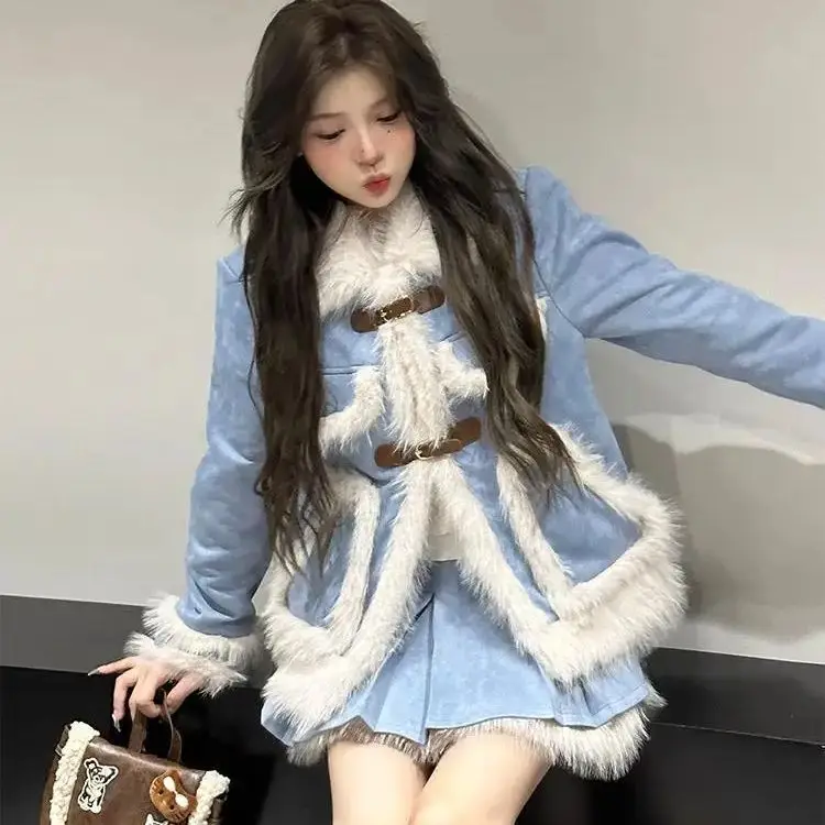 Traje coreano empalmado ​ ​ Cuello de piel Botón de disco Chaqueta de manga larga Falda corta de cintura alta Otoño Invierno Conjunto de dos piezas engrosado