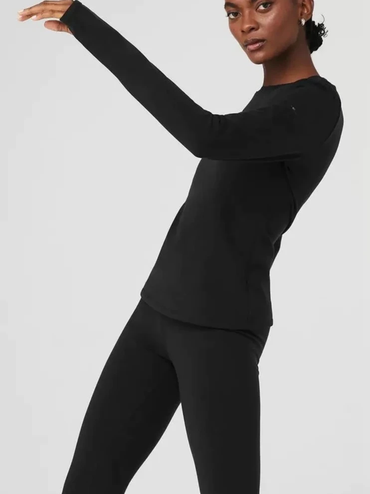 قمصان رياضية نسائية بأكمام طويلة، تي شيرت مرن برقبة دائرية، تي شيرت يوغا علوي للياقة البدنية والجري، سترة نسائية باللون الأسود الداكن #1