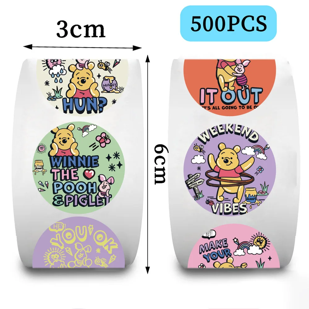 500 stks/rol Disney Pooh Winnie Stickers DIY PVC Telefoon Decals Decoratie Ronde Engels Moedigen Afdichting Stiker Beloning Gift Speelgoed