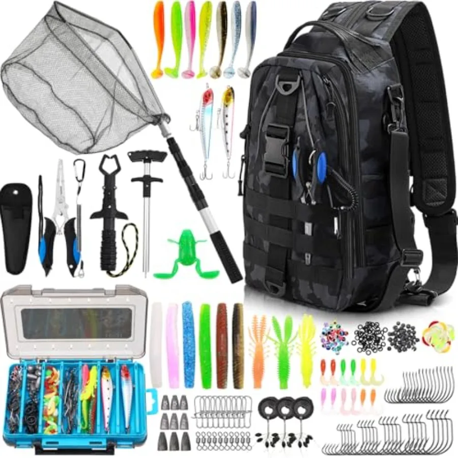 

Рыболовный рюкзак на 256 предметов с коробками для снастей и снаряжением, сумка-слинг для снастей с рыболовными крючками, приманками и выдвижным подсачеком