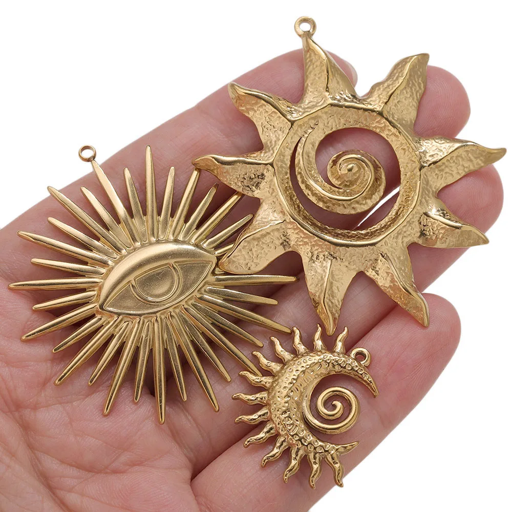 5pcs PVD Gold Charms Stainless Steel Sun Charm Vintage Round Embroidery Pendant Findings for DIY Earring Necklace Jewelry Making - view 4