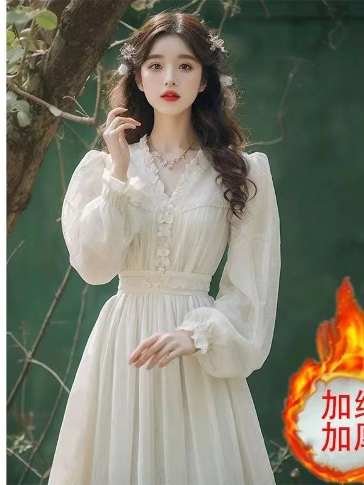 

Осень-зима, новое модное элегантное милое женское платье во французском стиле, однотонная длинная юбка трапециевидной формы во французском стиле с v-образным вырезом