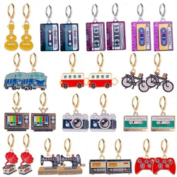 Retro Charms Camera Sewing Earrings for Women Girl Bicycles Buses Radio Charms Hoop Earrings Jewelry Gift