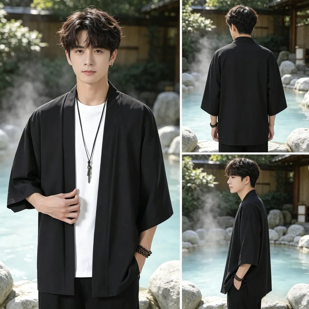 

Traditional Ancient Kimono Bathrobe, Men Plus Size Loose Daoist Robe, Summer Ice Silk Sunscreen Soft Casual Cardigan Jacket