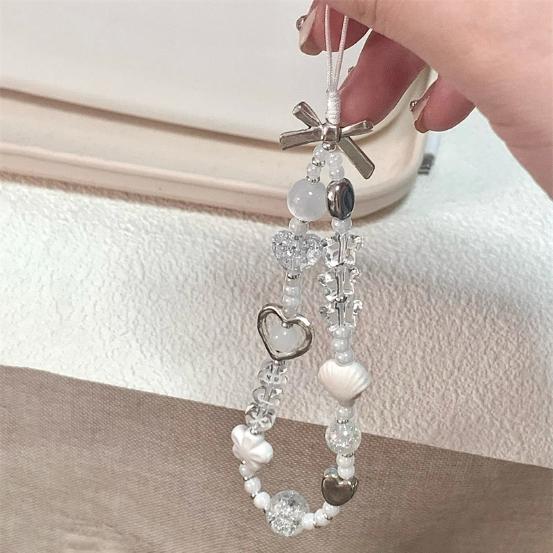 Korean Cute Clear Star White Flower Beaded Phone Chain Charm Lanyard For iPhone 15 CCD Camera Hanging Rope Girl Jewelry Pendant