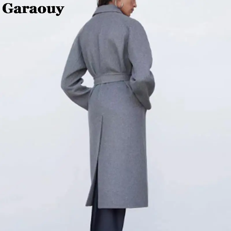 Garaouy outono inverno feminino básico lapela sólida cinto casaco de lã feminino casual commuter outwear solto midi comprimento jaqueta casaco